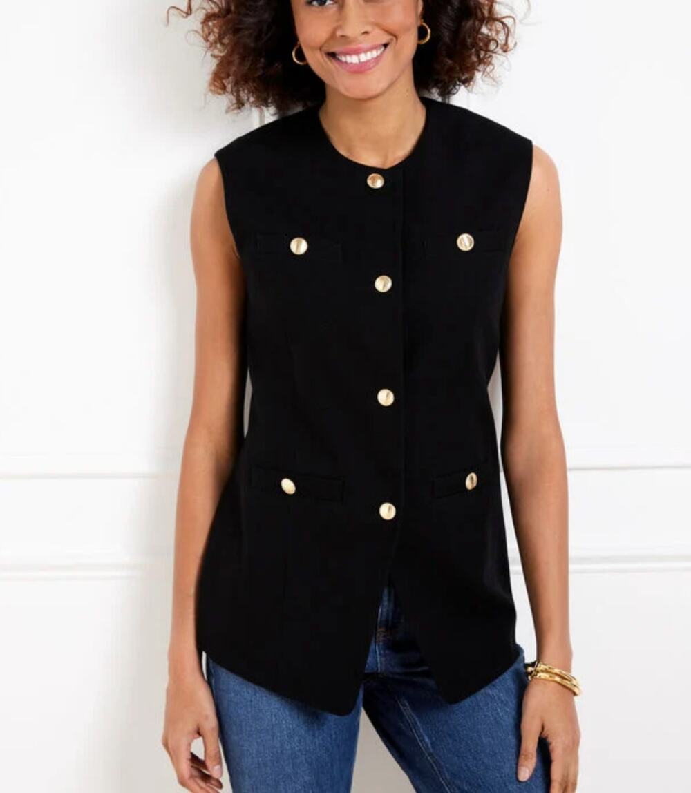 Talbots Black Textured Vest 10 preppy career office quiet luxury old money